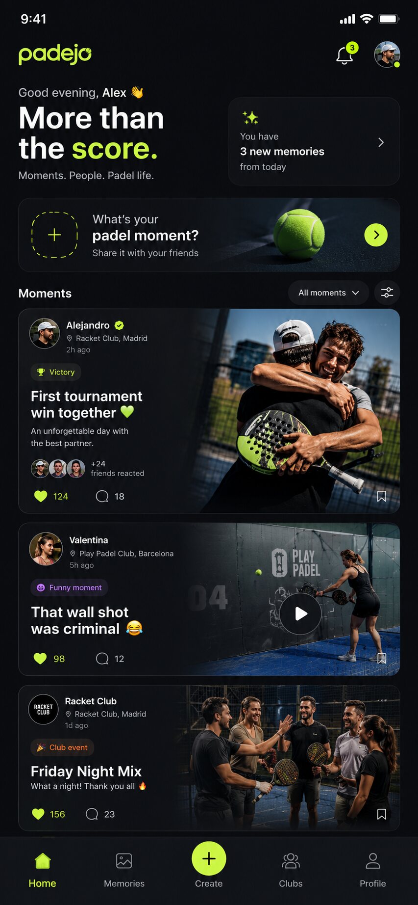 Padejo mobile app home feed showing padel memories